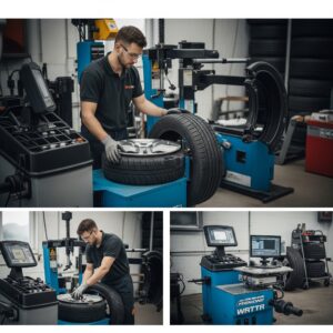 Tire mounting, dismounting, and balancing.